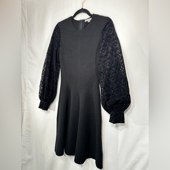 $1495 Lela Rose Black Flocked Lace Blouson Sleeve Dress - Picture 5 of 7